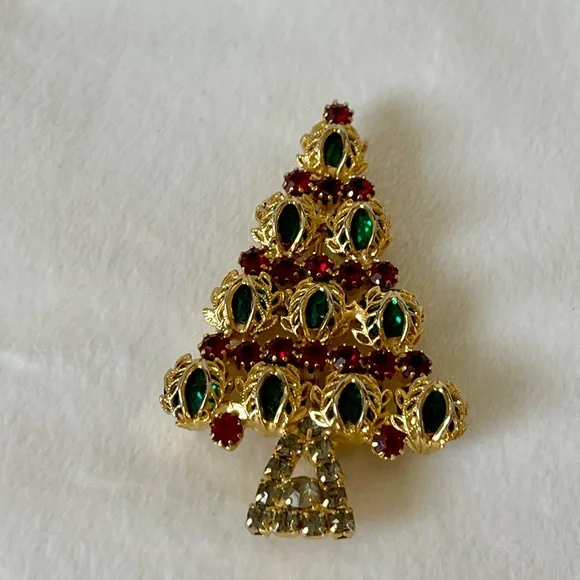 Vintage Hobo Rhinestone Goldtone Brooch Christmas Tree Pin Green Red Gray - Picture 4 of 13